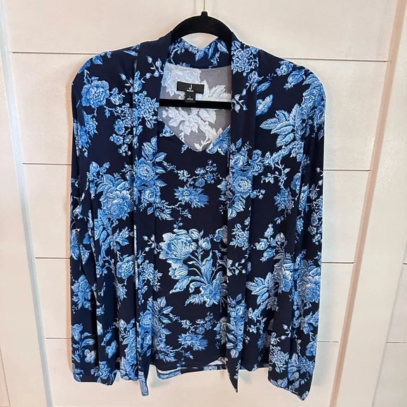 JASON WU L Jersey knit tie navy floral stretch shabby chic business casual top - Picture 2 of 12